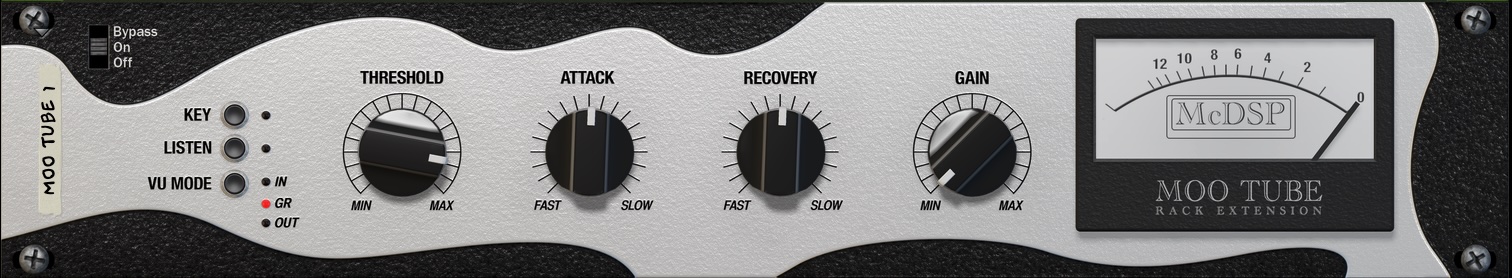 screen capture of the McDSP MOO TUBE device in the Reason Rack. It's a large grey device, with black highlights that evoke the appearance of cowhide.